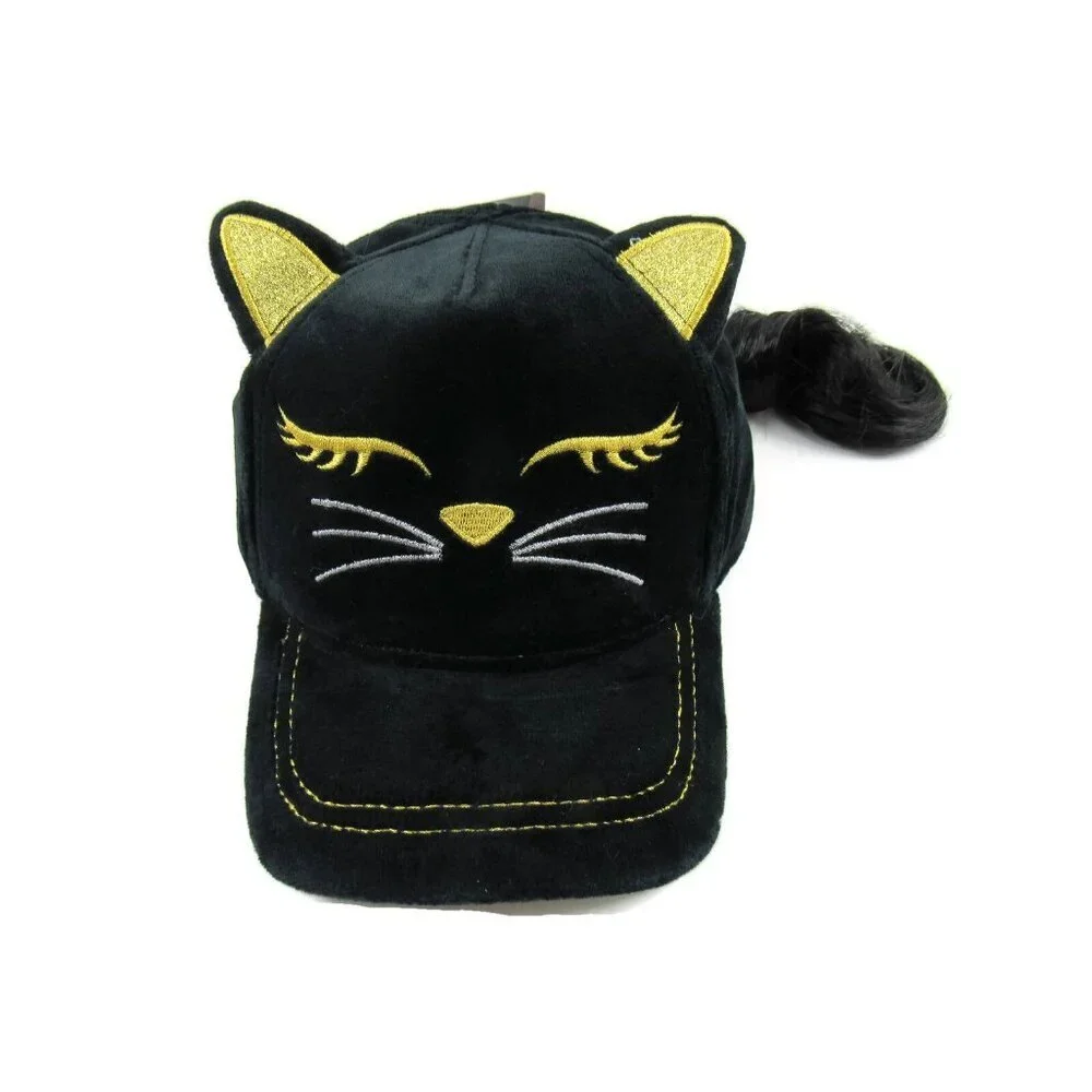 Baseball Hat with Brunette Faux Hair Black & Gold Cat Girls Cap One Size New